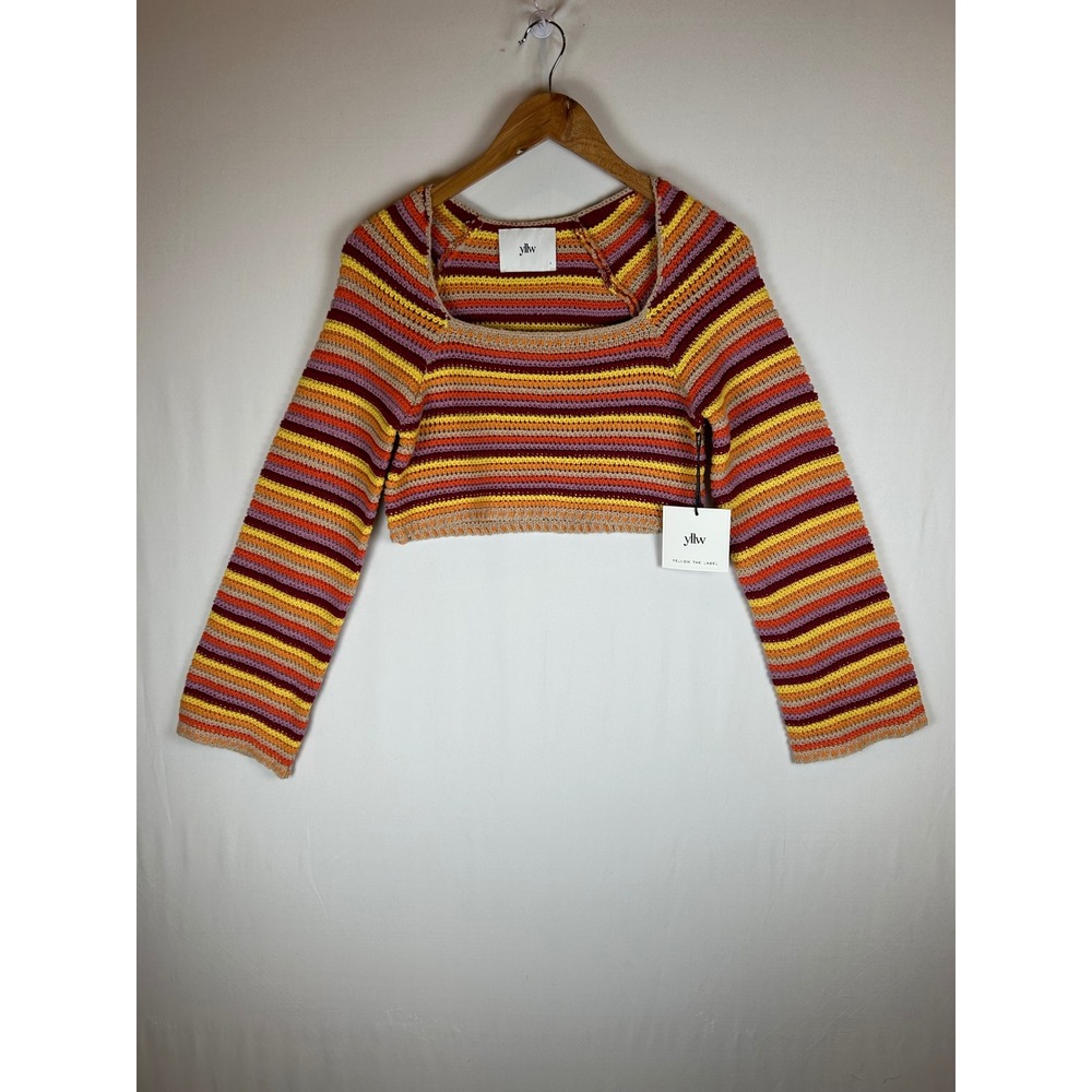 Yellow The Label yllw Striped Crochet Crop Top Long Sleeve Square Neck S NEW